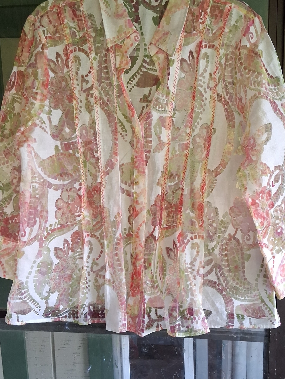 Sheer Paisley Button-Front Blouse in Coral & Sage